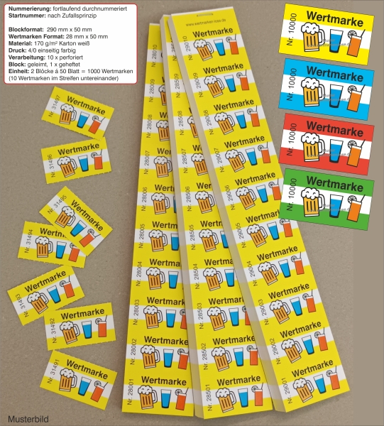 1000 Wertmarken "3 Gläser" mit Nummerierung